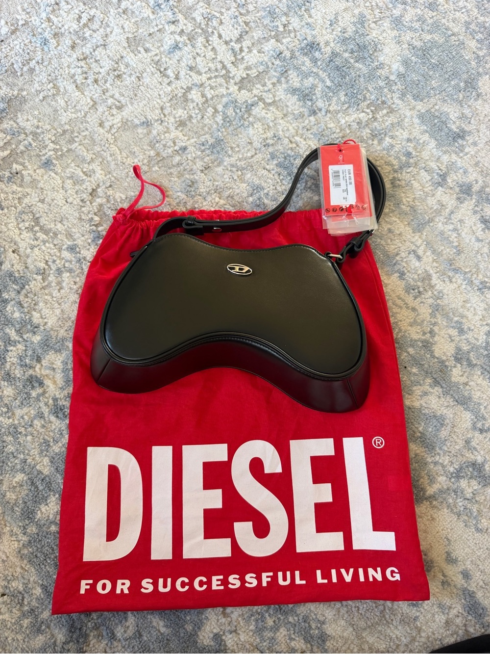 Diesel Black Curved Shoulder Bag with Silver Logo